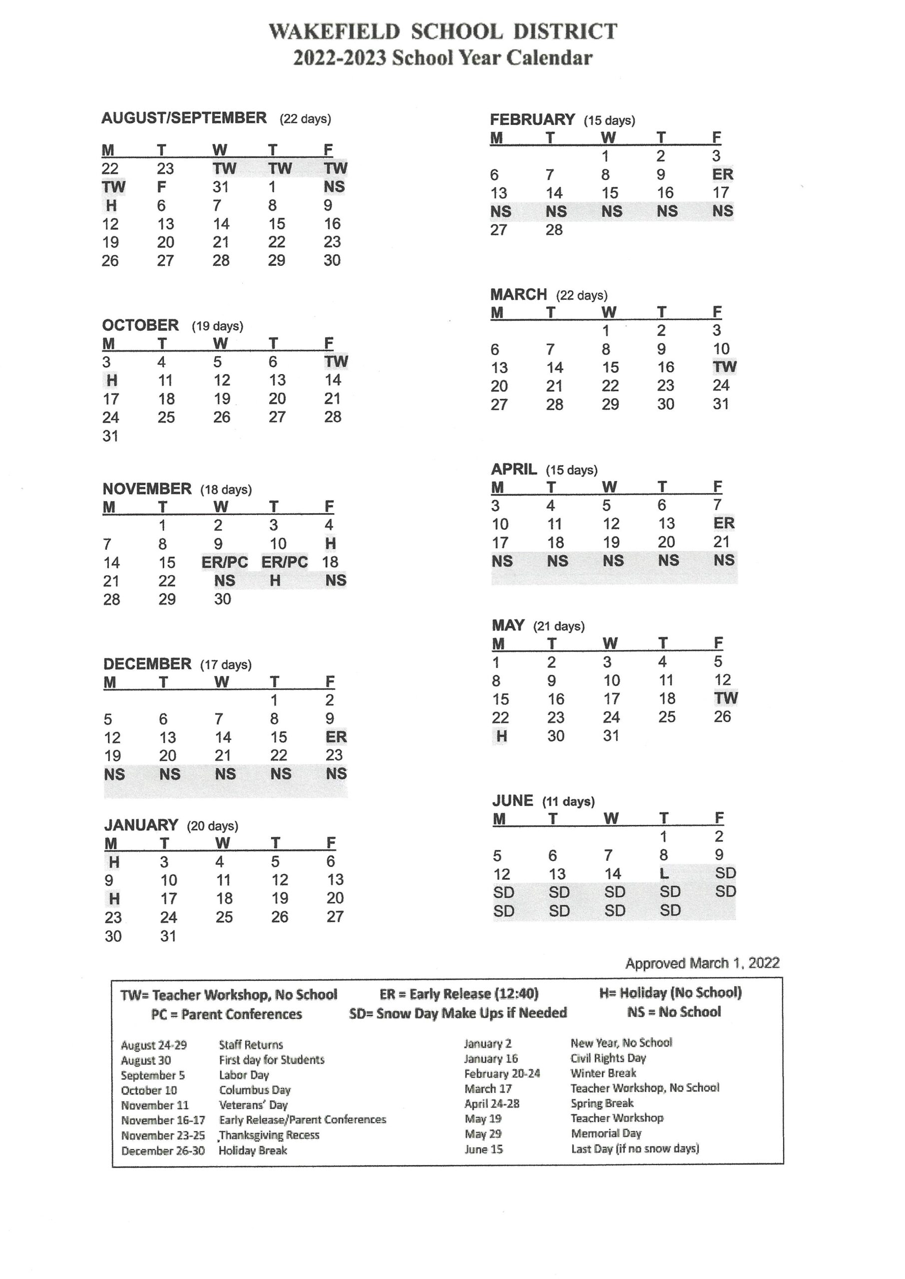 School Year Calendar The Paul School & SAU 101